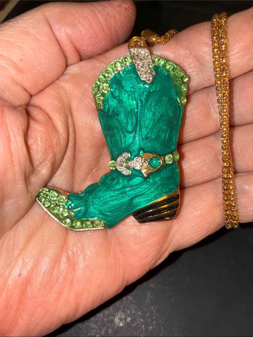 Cowboy Boot Green Pendant Necklace With Green Crystals Encrusted All Over Boot